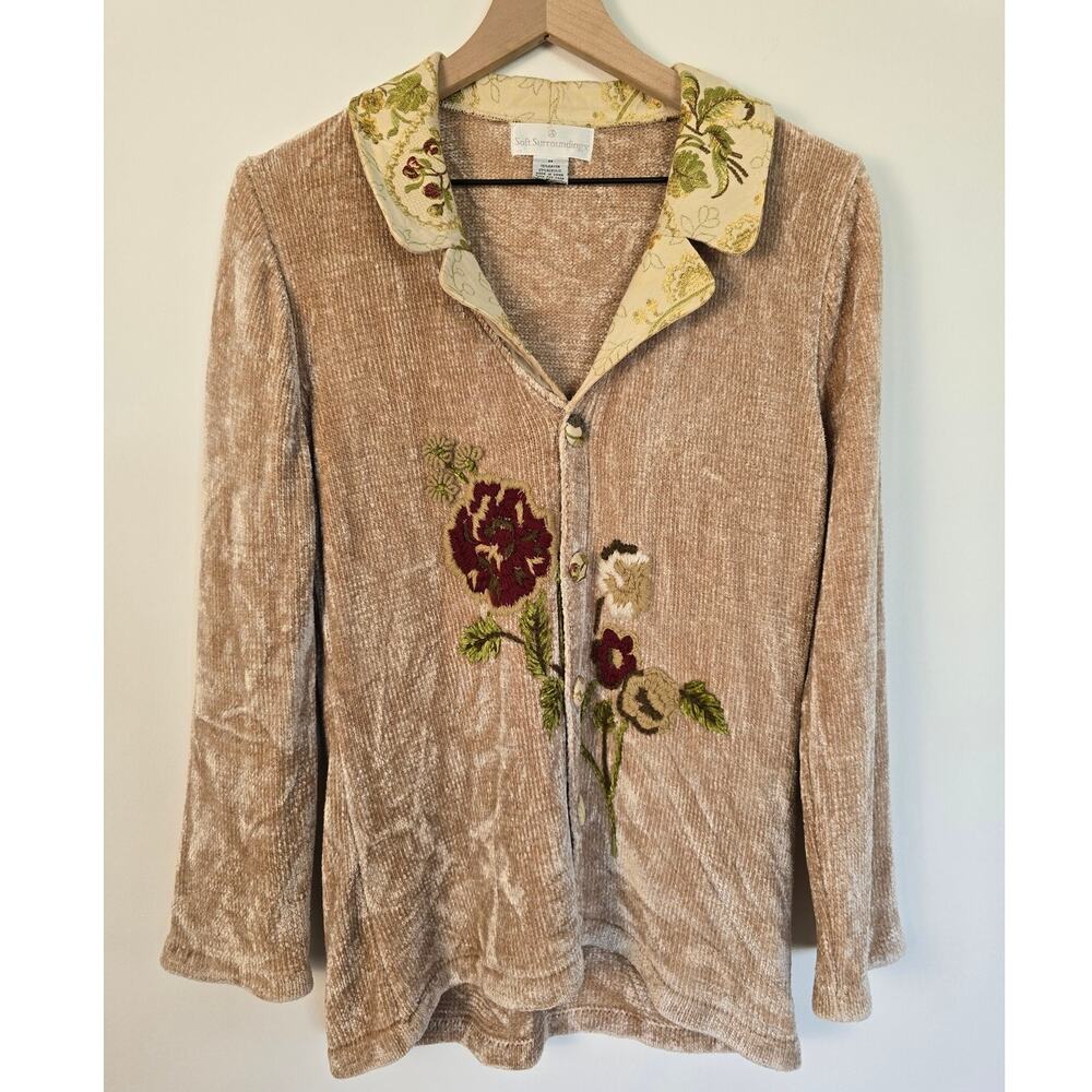 Soft Surroundings Chenille Floral Embroidered Sweater Top Beige Sz M